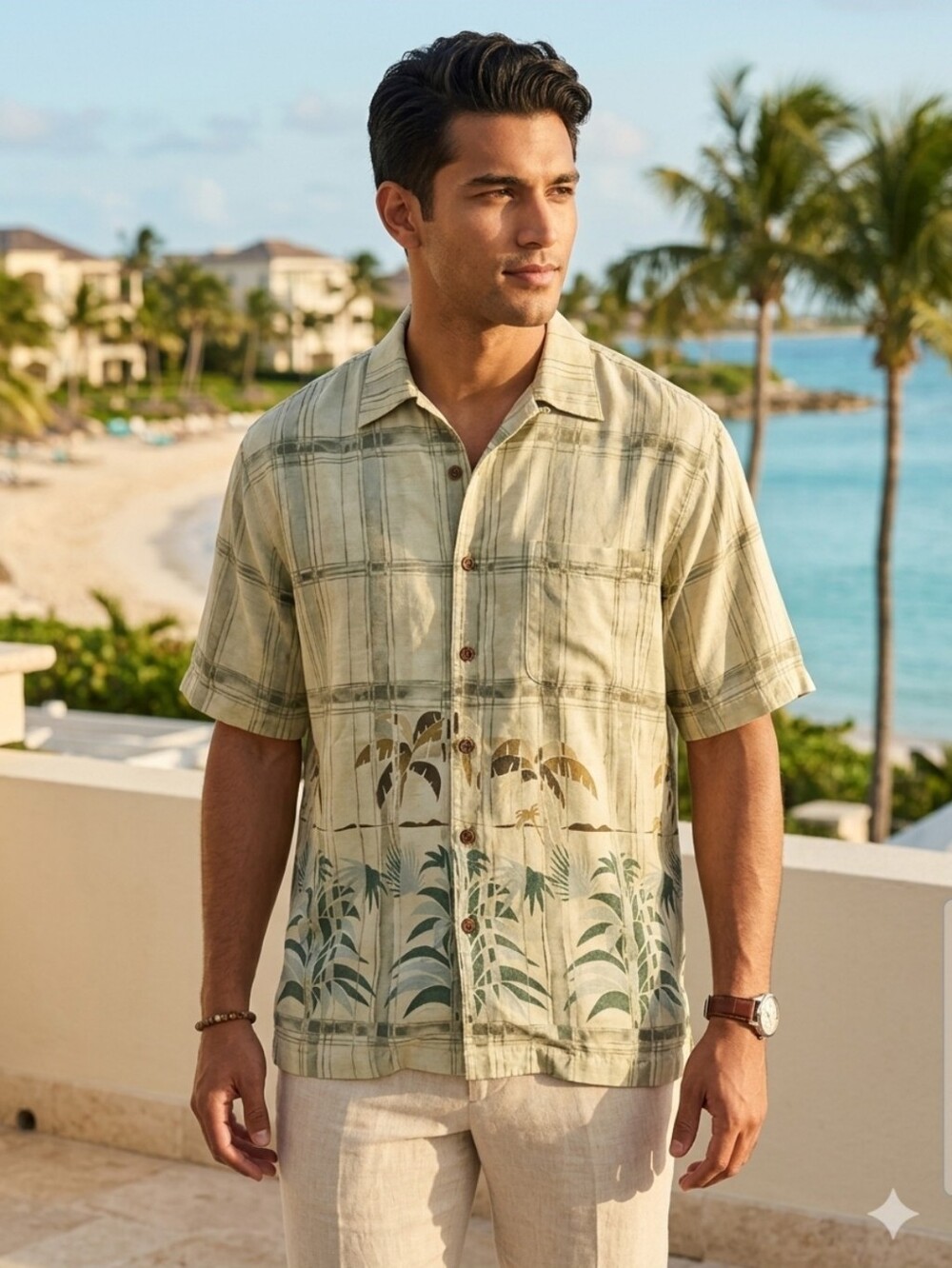 Tommy Bahama Vintage 100% Silk Plaid Palm Tree Border Print Camp Shirt M - Picture 1 of 16
